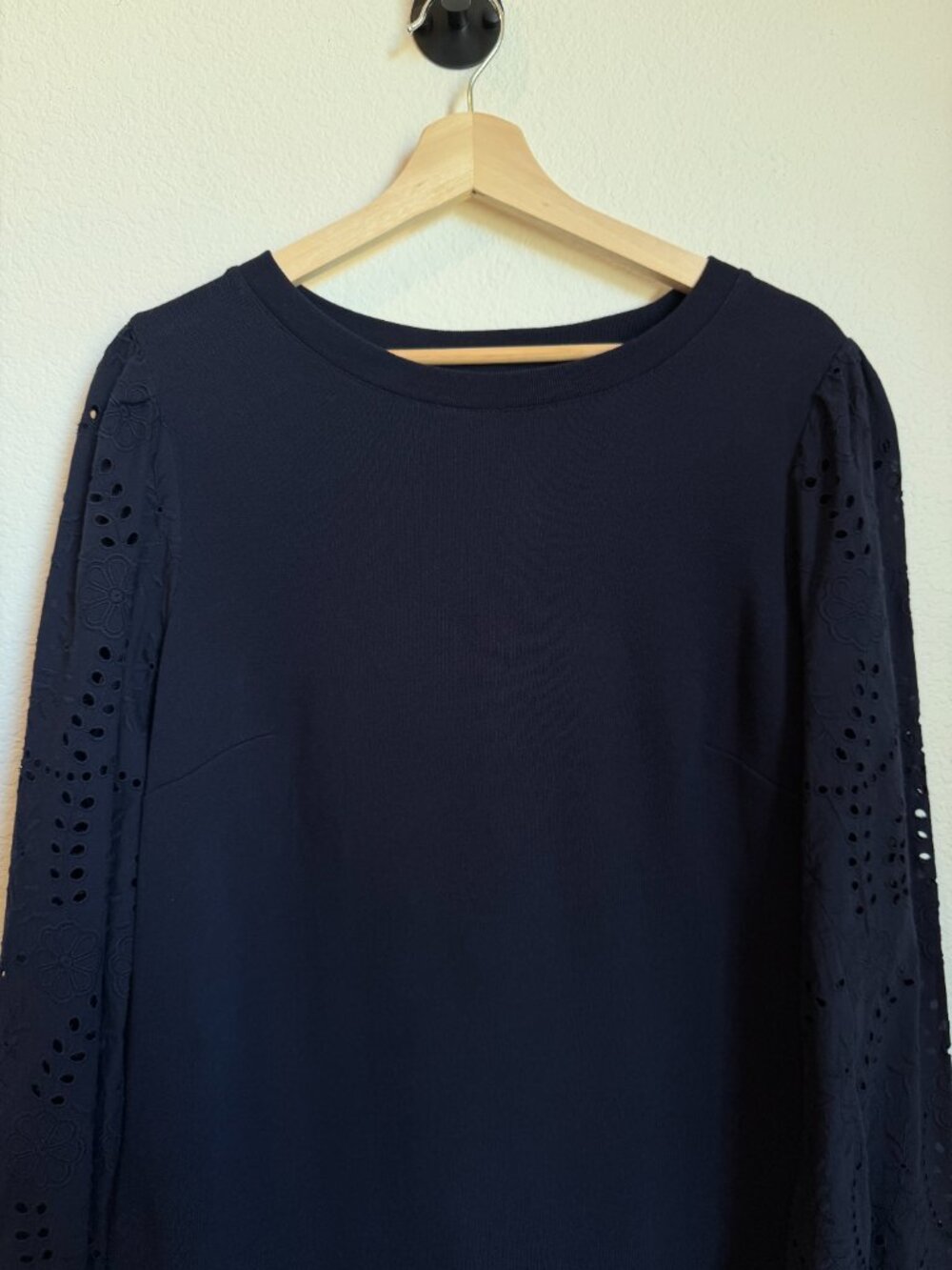Talbots Black Cotton French Terry Dress Eyelet Sleeve Large L Knit Midi - Picture 4 of 7